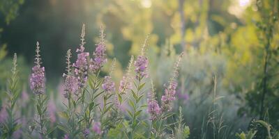 Tall purple wildflowers swaying gently in the breeze against a backdrop of verdant shrubs and trees, photo