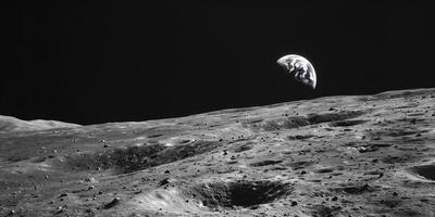 Barren, cratered surface of the Moon with Earth rising in the background, photorealistic photo