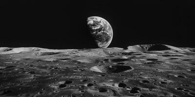 Barren, cratered surface of the Moon with Earth rising in the background, picture photo