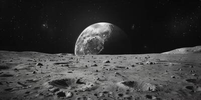 Barren, cratered surface of the Moon with Earth rising in the background, photography photo