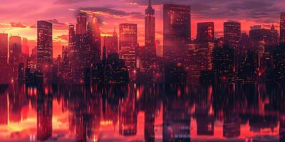 City bathed in twilight, skyscrapers reflecting fiery sunset colors, photography photo