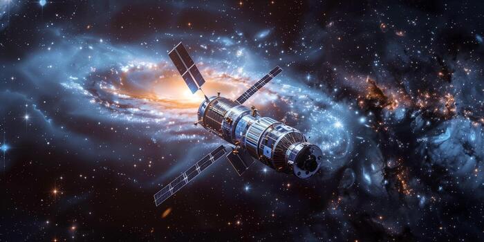 Hubble Space Telescope orbiting Earth, capturing deep space, photo