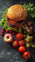 Junk food on weekends, healthy food during the week, photorealistic photo