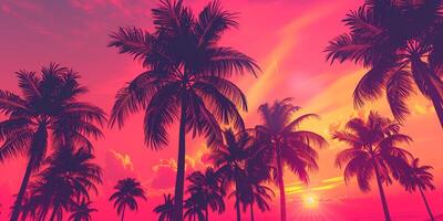 Pink and orange sky with silhouetted palm trees swaying in breeze, photo