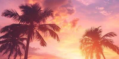 Pink and orange sky with silhouetted palm trees swaying in breeze, photorealistic photo