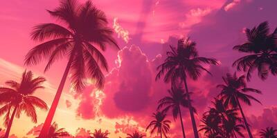 Pink and orange sky with silhouetted palm trees swaying in breeze, picture photo
