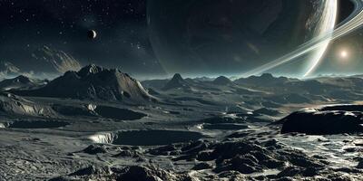 Surface of an exoplanet with rings and unusual terrain, picture photo