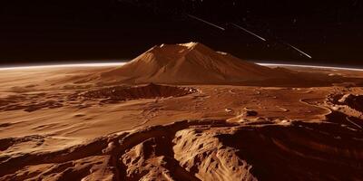 Surface of Mars showing red rocky terrain, dusty plains, and Olympus Mons, photo