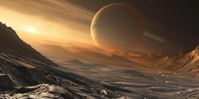 Surface of an exoplanet with rings and unusual terrain, photography photo
