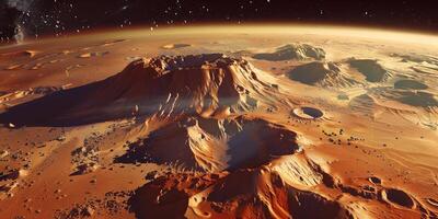 Surface of Mars showing red rocky terrain, dusty plains, and Olympus Mons, photorealistic photo