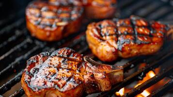 Thick pork chops searing on the grill their surfaces beautifully marked with dark grill lines and a touch of glaze, photo