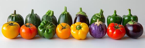 Tomatoes, eggplants, zucchinis, peppers, and salads on a white background with a margin, photorealistic photo