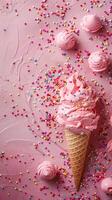 Top-down view of empty pastel pink table with scattered ice cream sprinkles, photography photo