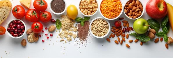 Top view of a nutrition group of carbohydrate foods in the center, plain white background, photo