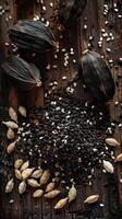 Top view banner of whole black cardamom pods and white sesame seeds on wood surface with copy space, photo