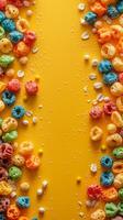Top view shot of colorful cereal on plain background, picture photo