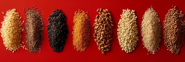 Top view of different grains on bright saturated red background, no shadows, rule of thirds, photography photo