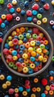 Top view shot of colorful cereal on plain background, photography photo