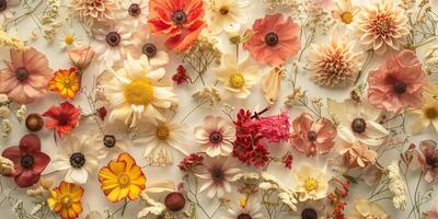 Top-down perspective of pressed flowers displayed under soft, diffused lighting, photography photo