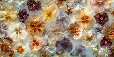 Top-down perspective of pressed flowers displayed under soft, diffused lighting, photorealistic photo