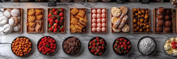 Upper view photo of a confectionery countertop with empty space, photography