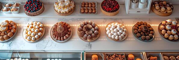Upper view photo of a confectionery countertop with empty space, picture