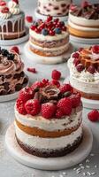 Various cakes with a plain light background and copy space, photorealistic photo