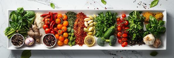 Various vegetables and spices arranged in a white frame on marble, photorealistic photo