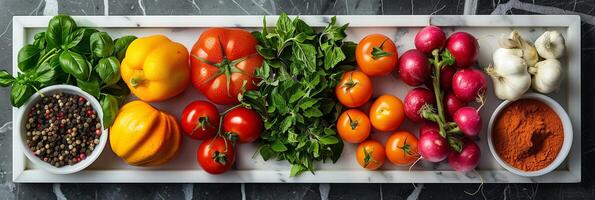 Various vegetables and spices arranged in a white frame on marble, photo