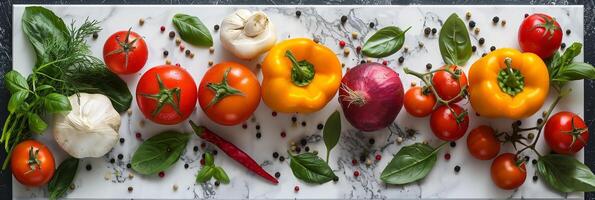 Various vegetables and spices arranged in a white frame on marble, picture photo