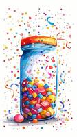 Colorful glass jar with a colored lid, filled with sweets, with confetti and streamers around it on a white background, photo