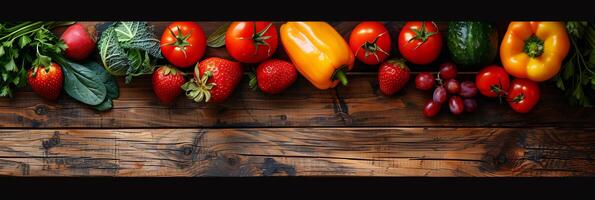 Vegetables and fruits on the lower right side, flat lay on a wooden table, minimalist, photorealistic photo