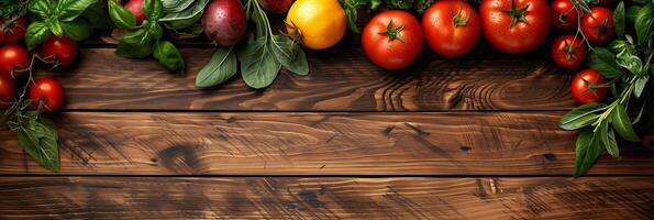 Vegetables and fruits on the lower right side, flat lay on a wooden table, minimalist, picture photo