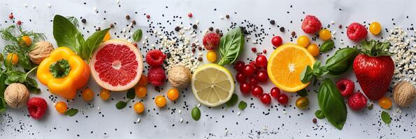 Vegetables, fruits, and grains on a white table, top view, photorealistic photo