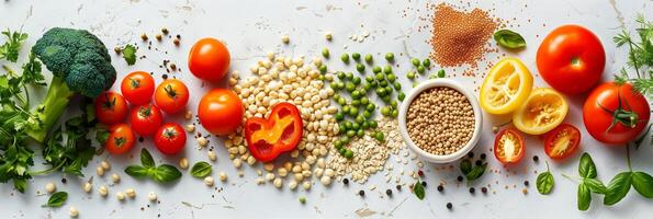 Vegetables, fruits, and grains on a white table, top view, picture photo