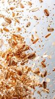 White background with explosion of oat seeds, photorealistic photo