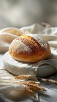 Minimalist background with realistic sourdough bread, photorealistic photo