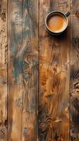 Top-down view of a wood table texture with a coffee cup at the edge, photography photo