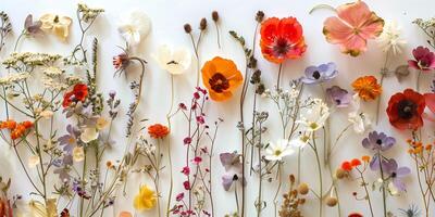 Zoomed-in image of pressed flower specimens on archival paper, showing botanical details, photorealistic photo