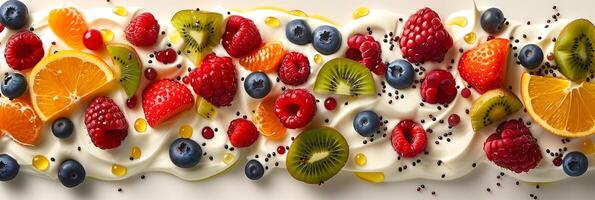Yogurt, kiwi, berries, raspberries, citrus arranged on white background, in Mark Keathley style, fragmented icons, aerial view, with grit, picture photo