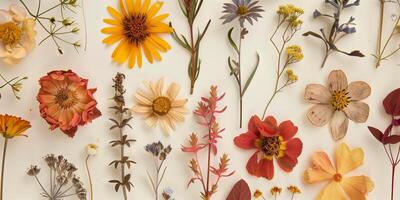 Zoomed-in image of pressed flower specimens on archival paper, showing botanical details, photography photo