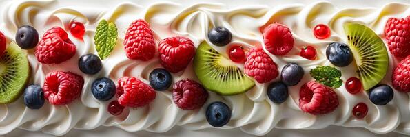 Yogurt, kiwi, berries, raspberries, citrus arranged on white background, in Mark Keathley style, fragmented icons, aerial view, with grit, photo
