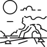 A line drawing of a mountain with a sun and clouds vector