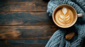 Cozy scene with a coffee cup and a knitted scarf on a rustic table photo