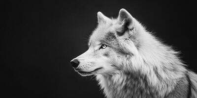 Close-up of a wolf's head in black and white photo