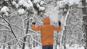 Unrecognizable man in brown jacket with hood stands back to camera, jumps under pine and pulling pine tree branch snow falls over man. Slow motion of person play with snow in winter video