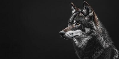 Close-up of a wolf's head in black and white photo