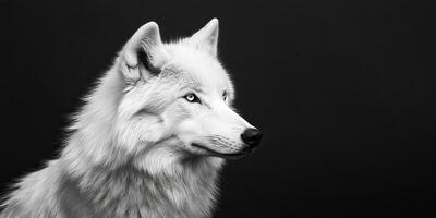 Close-up of a wolf's head in black and white photo
