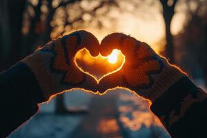 Two gloved hands forming a heart shape against a sunset background photo