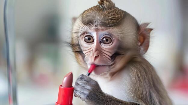A monkey with a red lipstick on its face photo